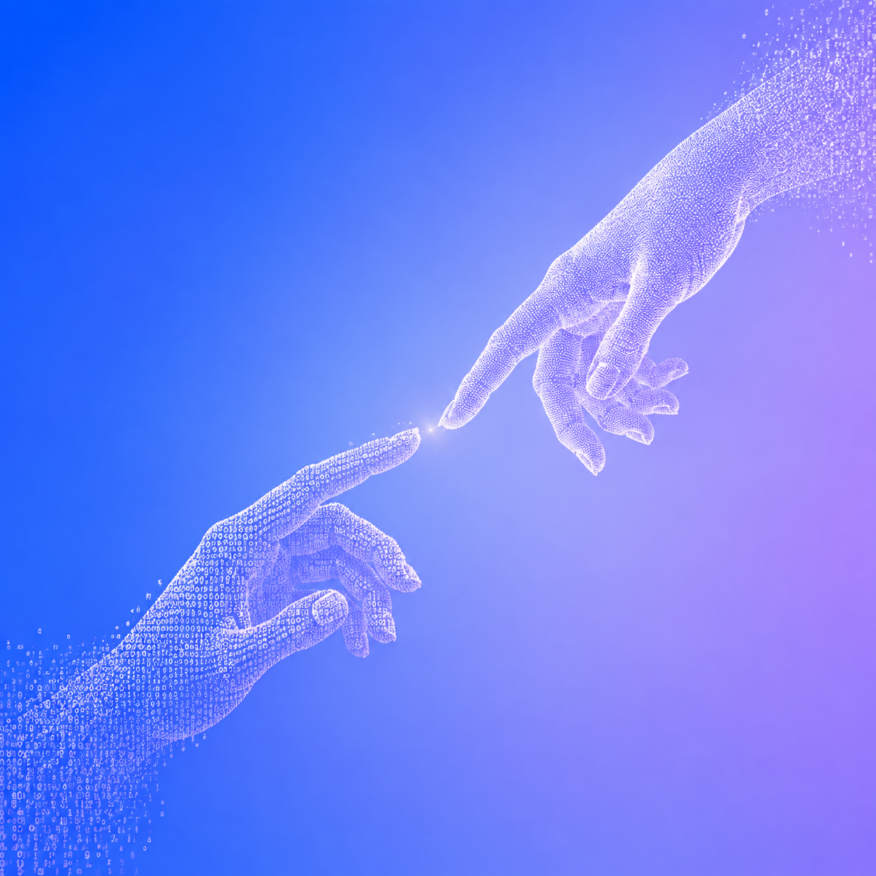 A human hand made of fine dots reaches down towards an AI hand made of zeros and ones reaching up.